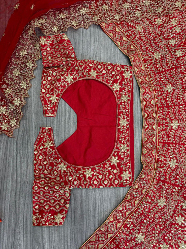 Charming Red Color Satin  Fabric Party Wear Lehenga