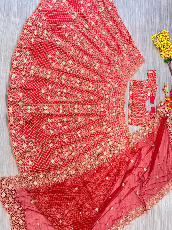 Charming Red Color Satin  Fabric Party Wear Lehenga