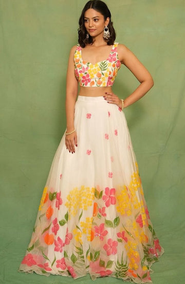 Charming White Color Silk  Fabric Party Wear Lehenga