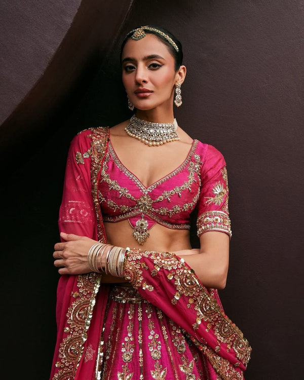 Dazzling Pink Color Silk  Fabric Designer Lehenga