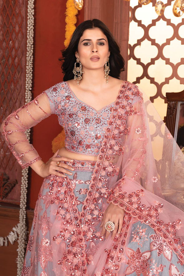 Dazzling Grey Color Silk Fabric Designer Lehenga