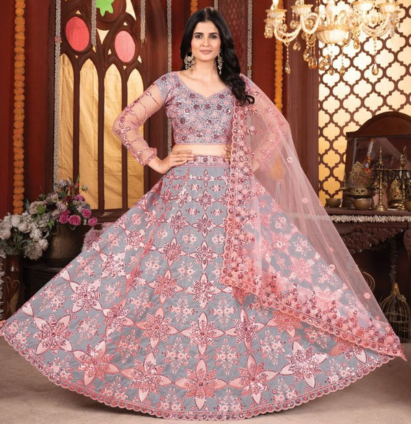 Dazzling Grey Color Silk Fabric Designer Lehenga