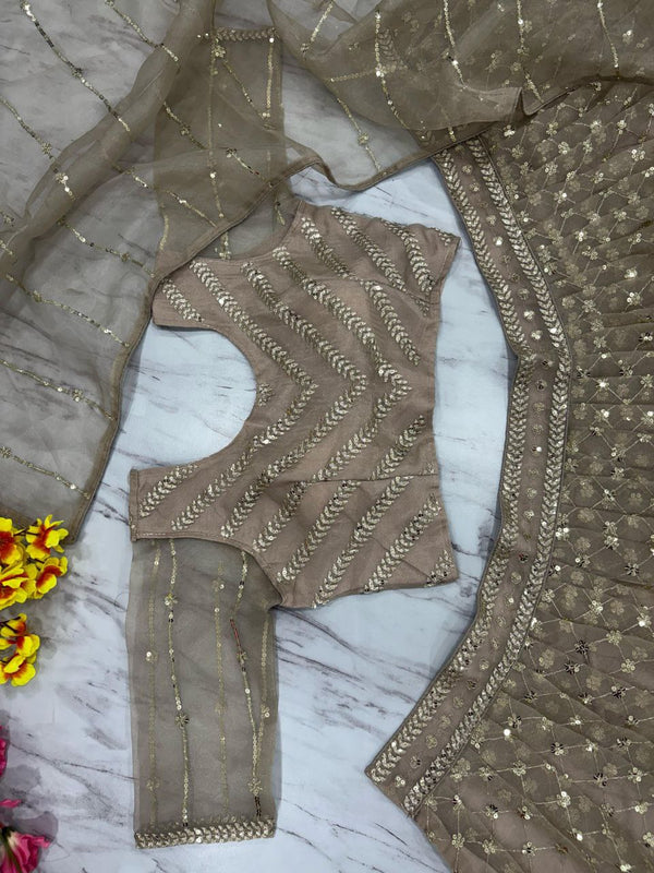 Dazzling Grey Color Organza Fabric Designer Lehenga