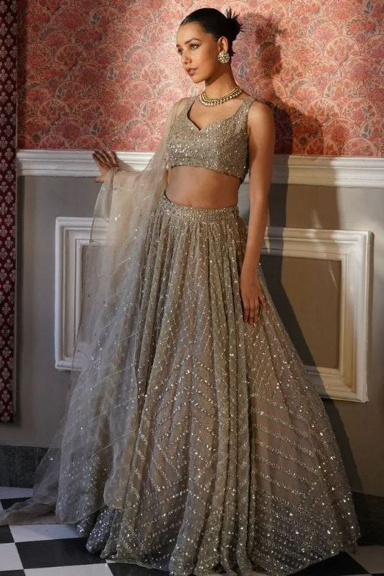 Dazzling Grey Color Organza Fabric Designer Lehenga
