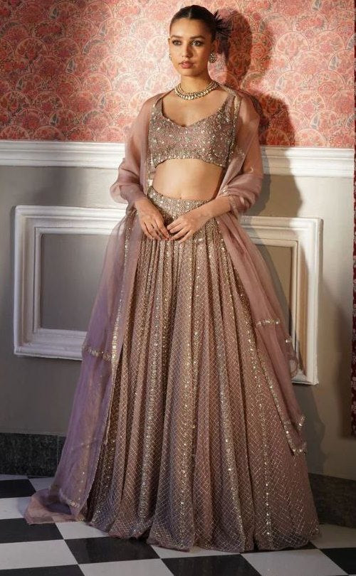 Dazzling Peach Color Georgette Fabric Designer Lehenga