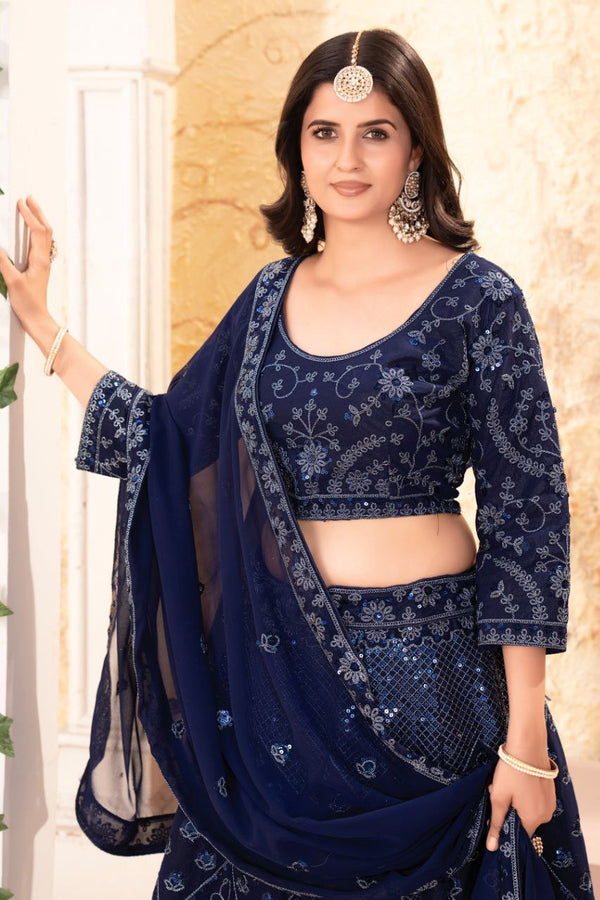 Beautiful Navy Blue Color Georgette Fabric Wedding Lehenga
