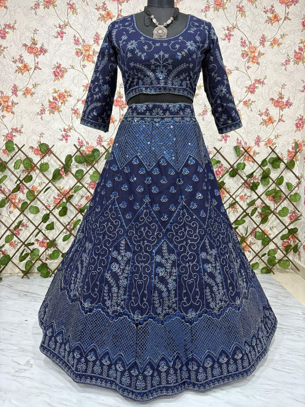 Beautiful Navy Blue Color Georgette Fabric Wedding Lehenga