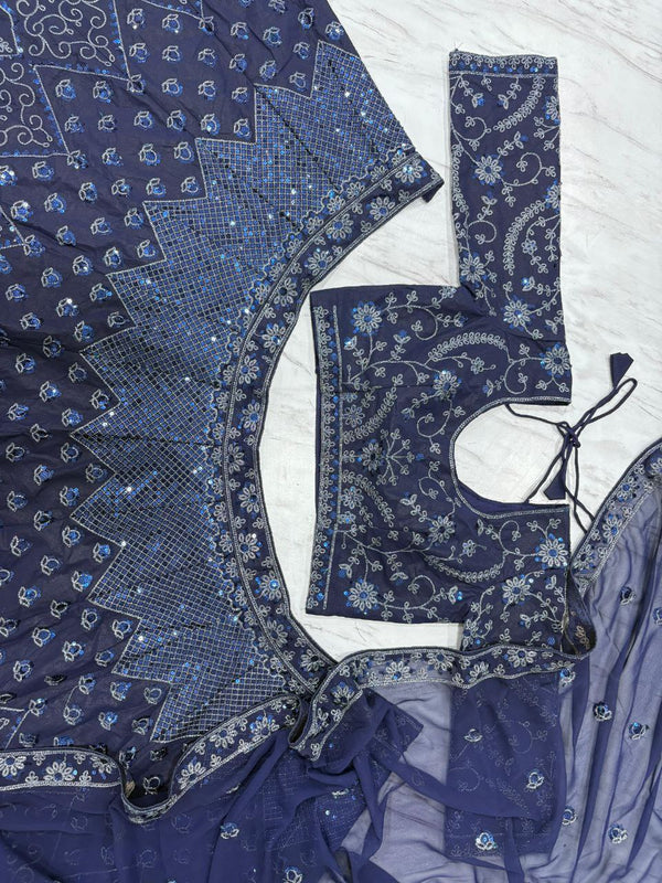 Beautiful Navy Blue Color Georgette Fabric Wedding Lehenga