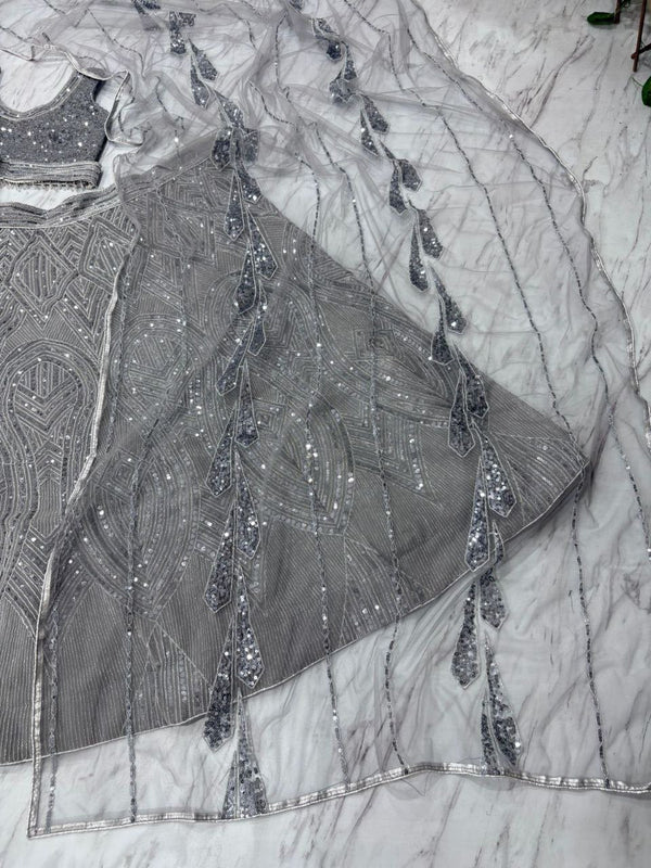 Beautiful Grey Color Georgette  Fabric Wedding Lehenga
