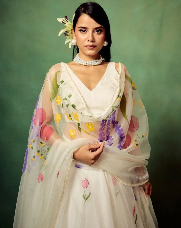 Beautiful Cream Color Silk Fabric Wedding Lehenga