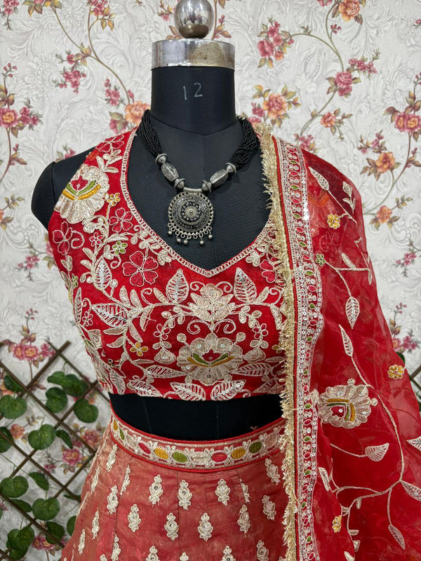 Beautiful Red Color Silk  Fabric Wedding Lehenga
