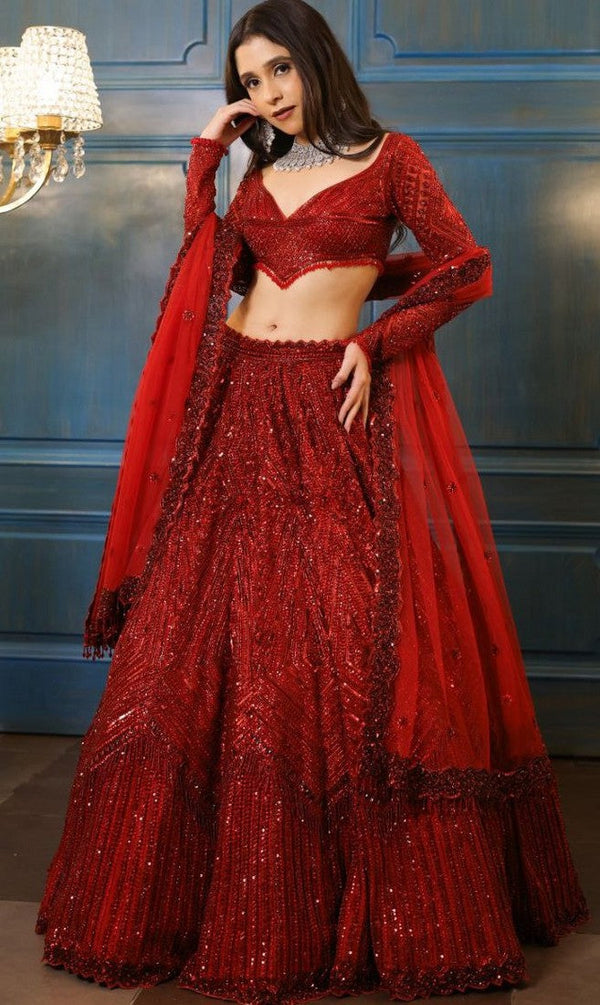 Angelic Red Color Georgette  Fabric Party Wear Lehenga