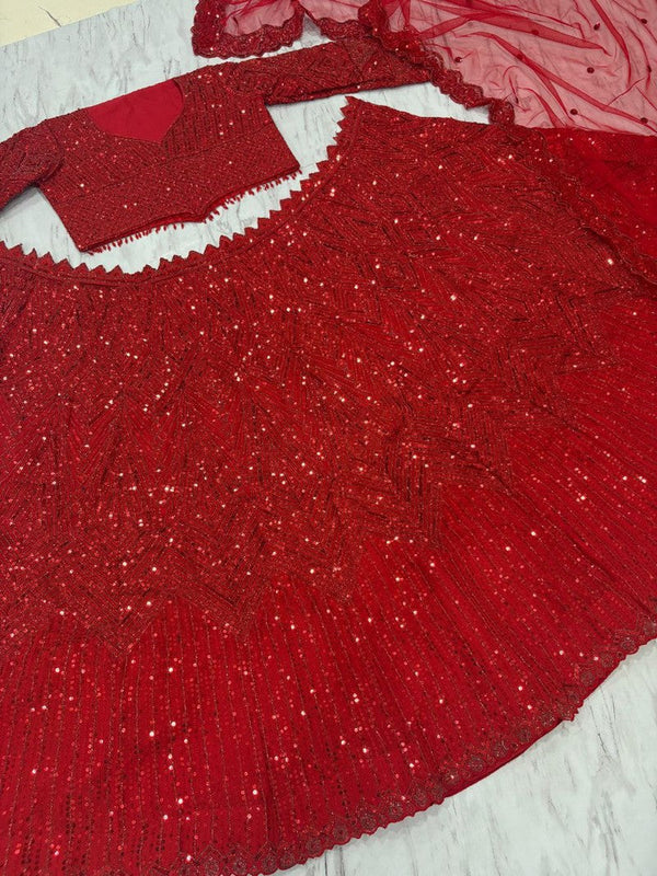 Angelic Red Color Georgette  Fabric Party Wear Lehenga