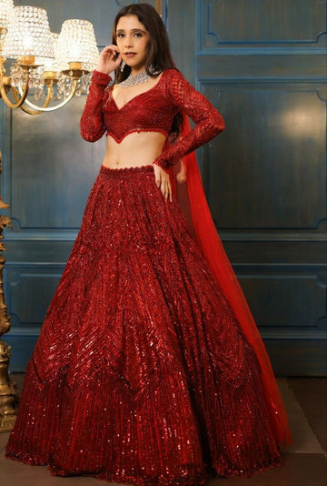 Angelic Red Color Georgette  Fabric Party Wear Lehenga