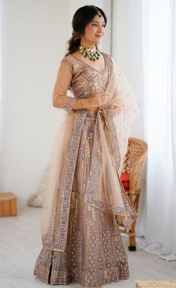 Angelic Peach Color Net Fabric Party Wear Lehenga