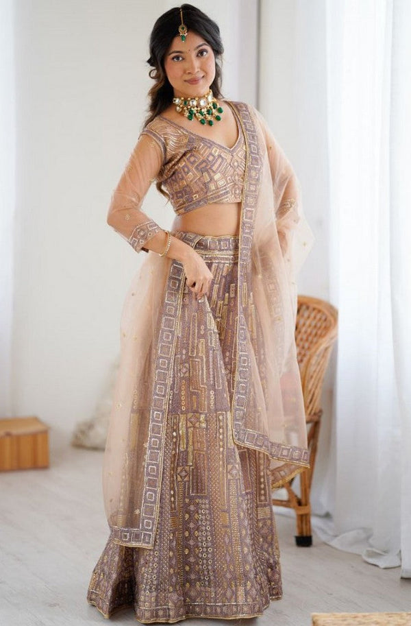 Angelic Peach Color Net Fabric Party Wear Lehenga