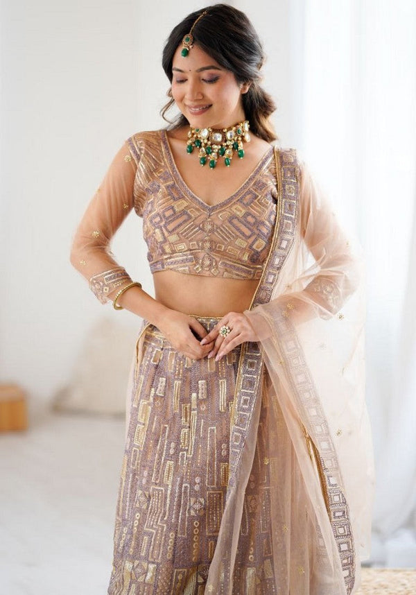 Angelic Peach Color Net Fabric Party Wear Lehenga