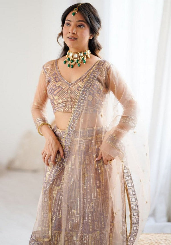 Angelic Peach Color Net Fabric Party Wear Lehenga