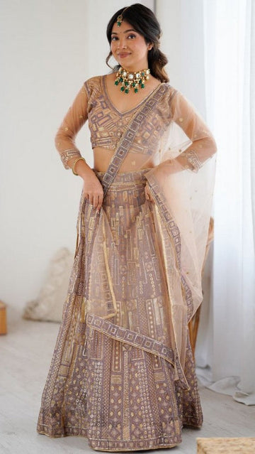 Angelic Peach Color Net Fabric Party Wear Lehenga