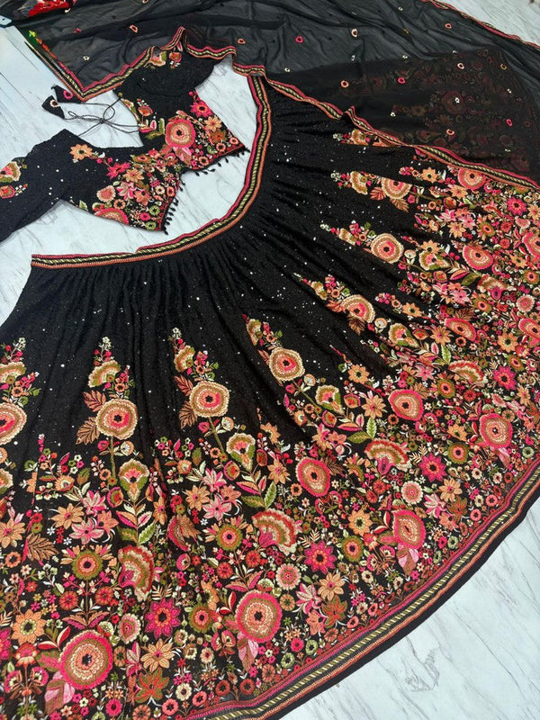 Elegant Black Color Georgette  Fabric Party Wear Lehenga