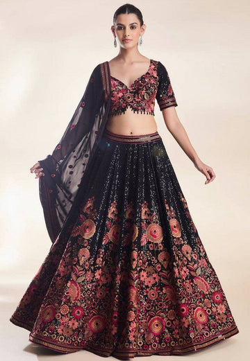 Elegant Black Color Georgette  Fabric Party Wear Lehenga