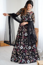 Glowing Black Color Net Fabric Party Wear Lehenga