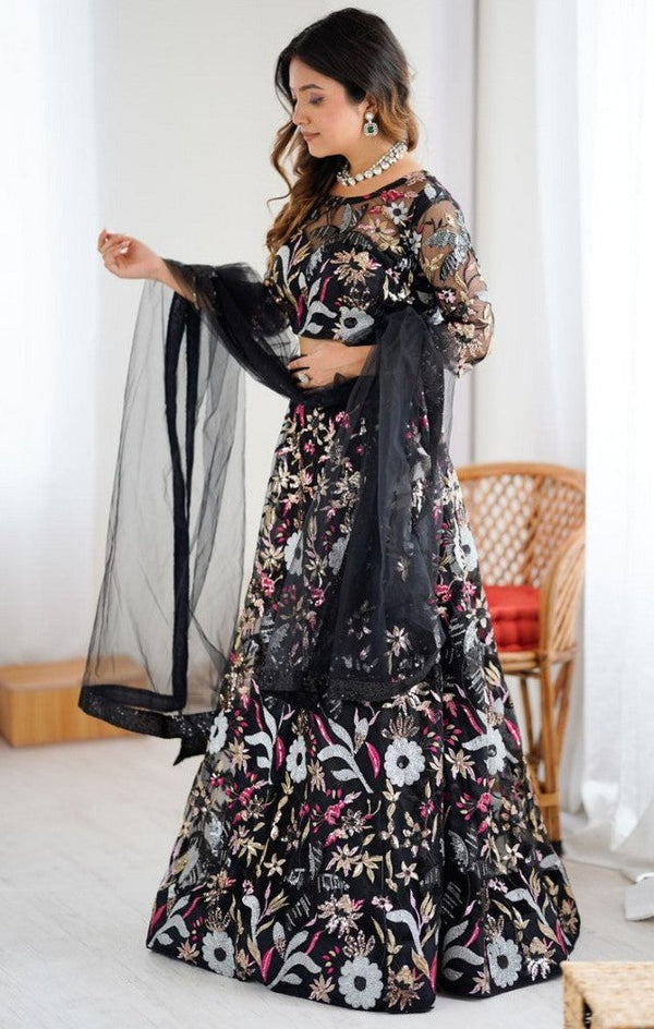 Glowing Black Color Net Fabric Party Wear Lehenga