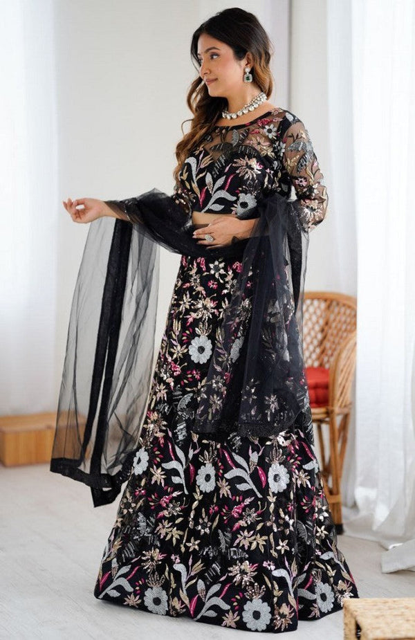 Glowing Black Color Net Fabric Party Wear Lehenga
