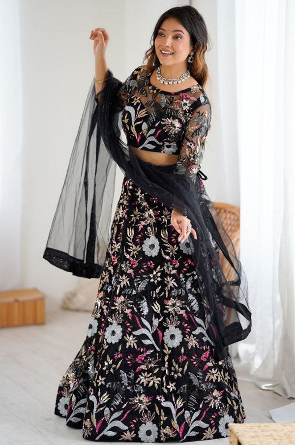 Glowing Black Color Net Fabric Party Wear Lehenga