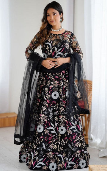 Glowing Black Color Net Fabric Party Wear Lehenga