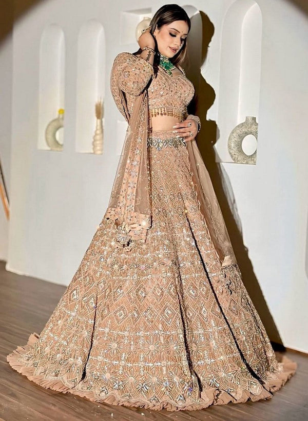 Glowing Golden Color Net Fabric Wedding Lehenga
