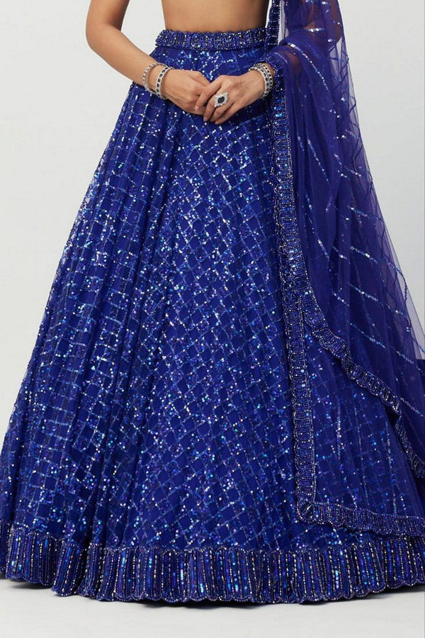 Glowing Blue Color Net Fabric Party Wear Lehenga