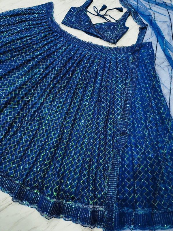 Glowing Blue Color Net Fabric Party Wear Lehenga