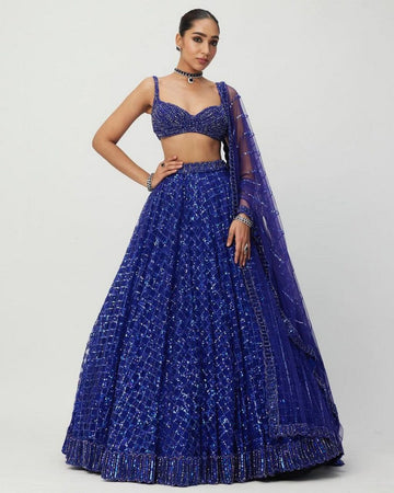 Glowing Blue Color Net Fabric Party Wear Lehenga