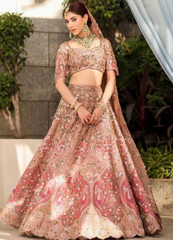 Glowing Peach Color Silk Fabric Wedding Lehenga