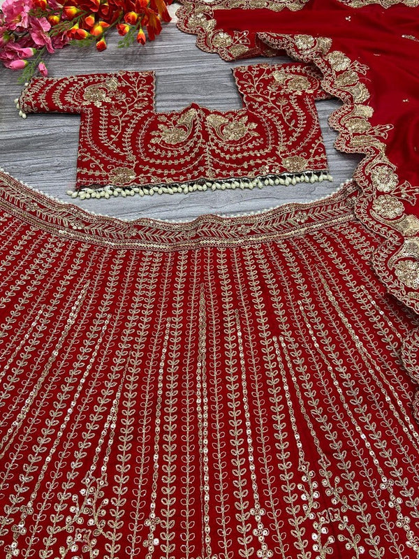 Desirable Red Color Silk  Fabric Wedding Lehenga