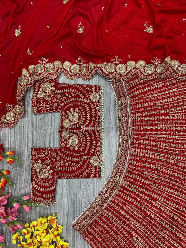 Desirable Red Color Silk  Fabric Wedding Lehenga