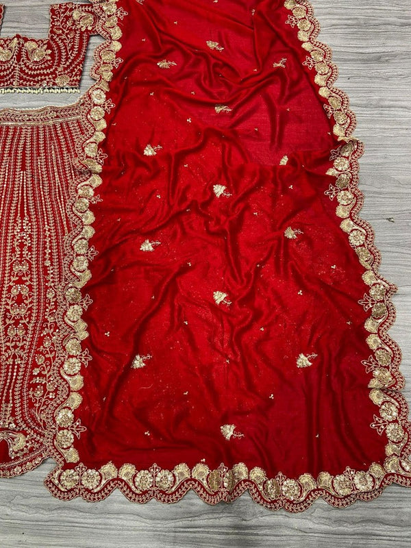 Desirable Red Color Silk  Fabric Wedding Lehenga