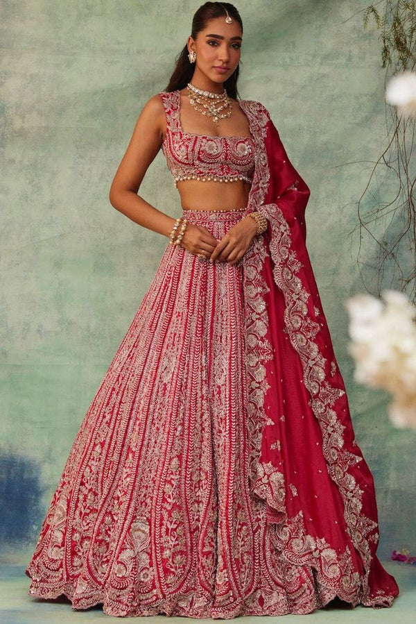 Desirable Red Color Silk  Fabric Wedding Lehenga