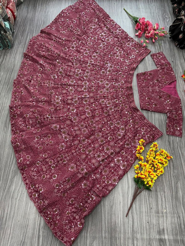 Desirable Pink Color Silk  Fabric Wedding Lehenga