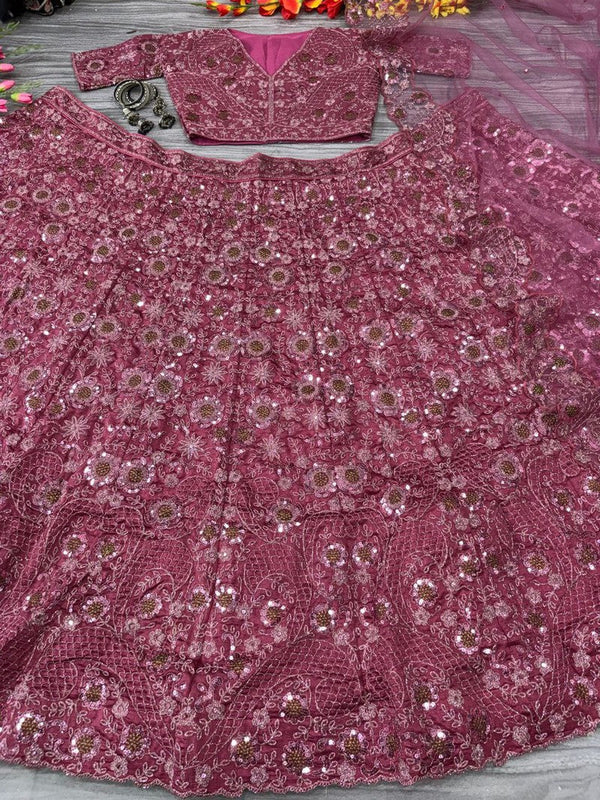 Desirable Pink Color Silk  Fabric Wedding Lehenga