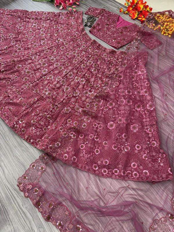 Desirable Pink Color Silk  Fabric Wedding Lehenga