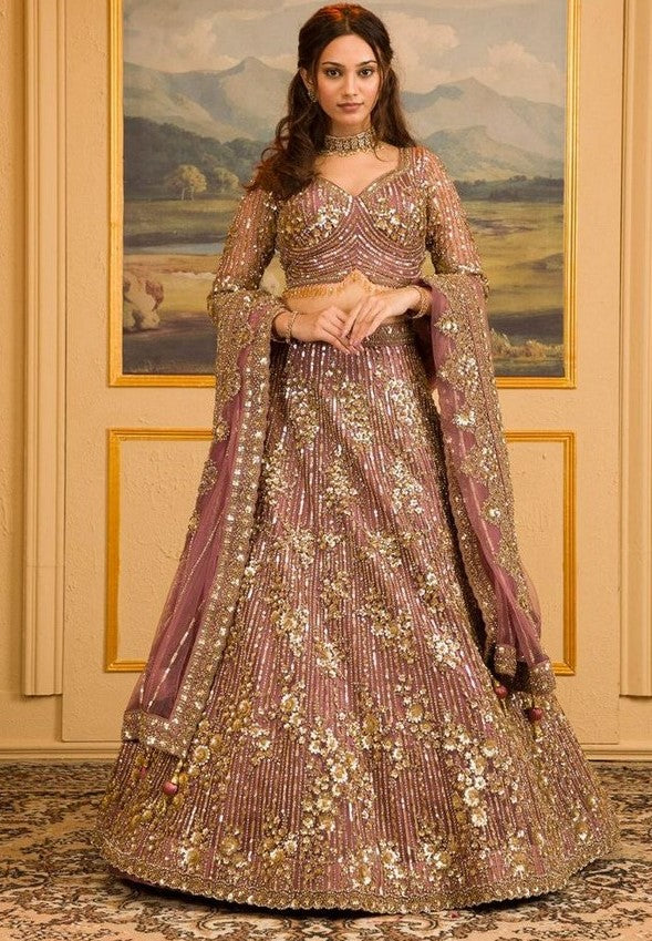 Desirable Pink Color Georgette  Fabric Wedding Lehenga