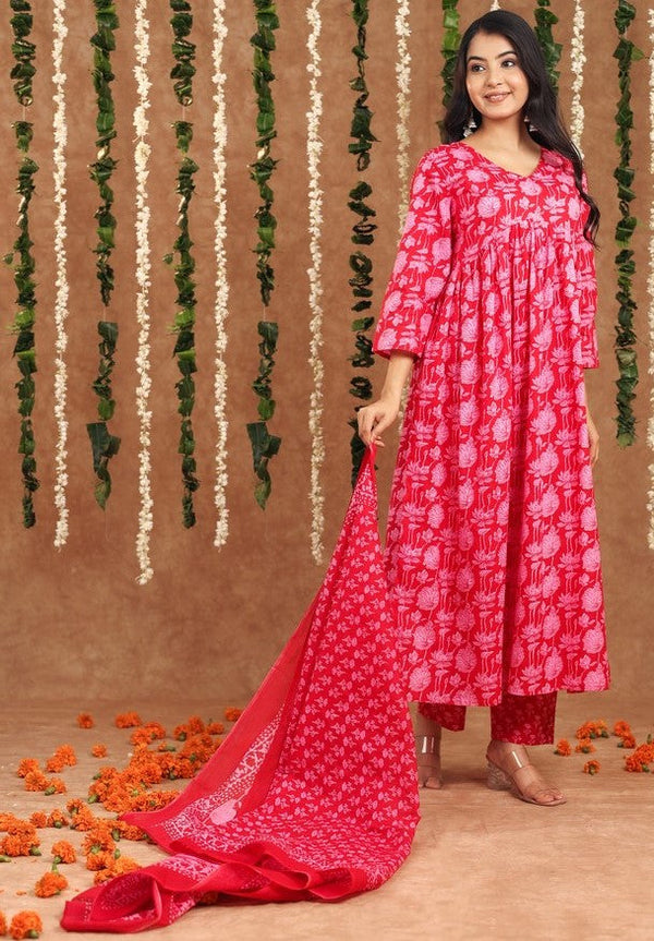 Amazing Red Color Cotton Fabric Designer Suit
