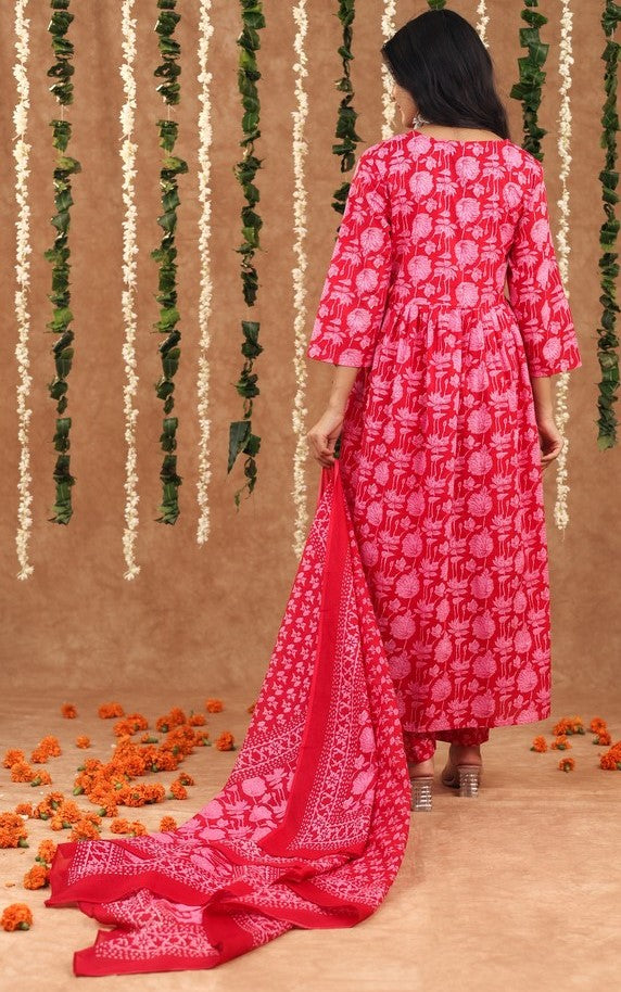 Amazing Red Color Cotton Fabric Designer Suit