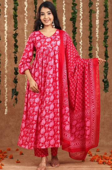 Amazing Red Color Cotton Fabric Designer Suit