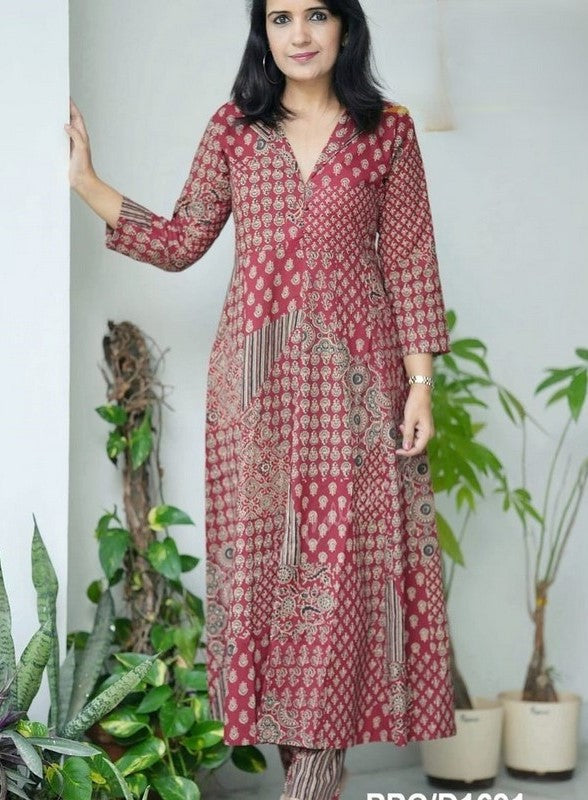 Amazing Maroon Color Cotton Fabric Cotton Kurti
