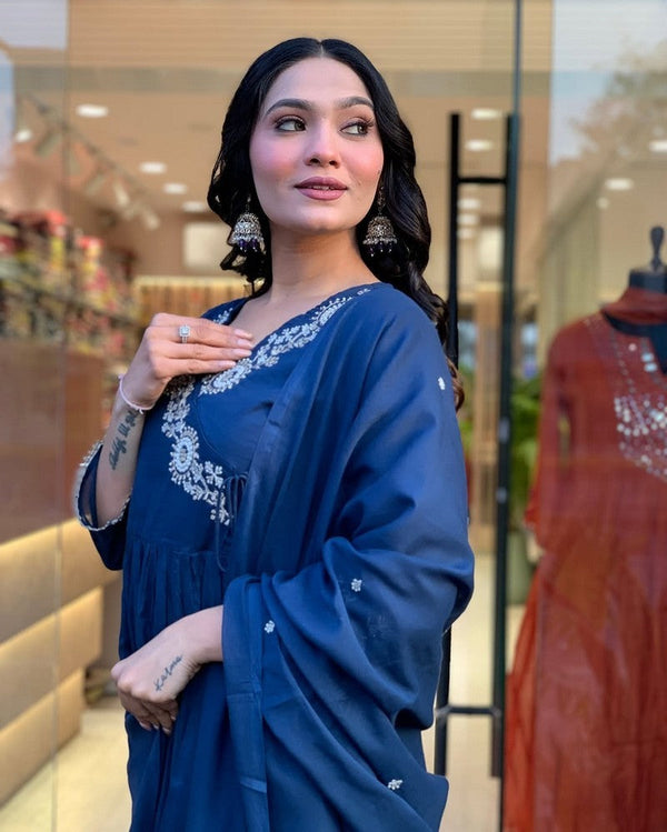 Amazing Blue Color Cotton Fabric Designer Suits