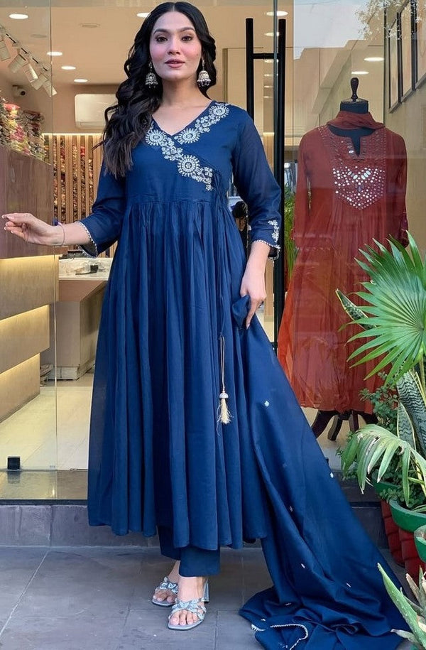 Amazing Blue Color Cotton Fabric Designer Suits