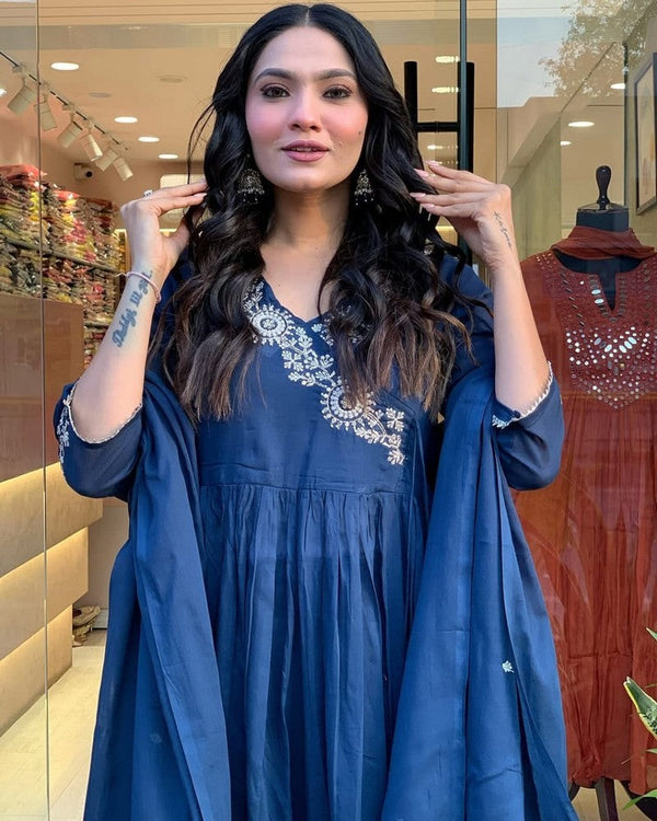 Amazing Blue Color Cotton Fabric Designer Suits